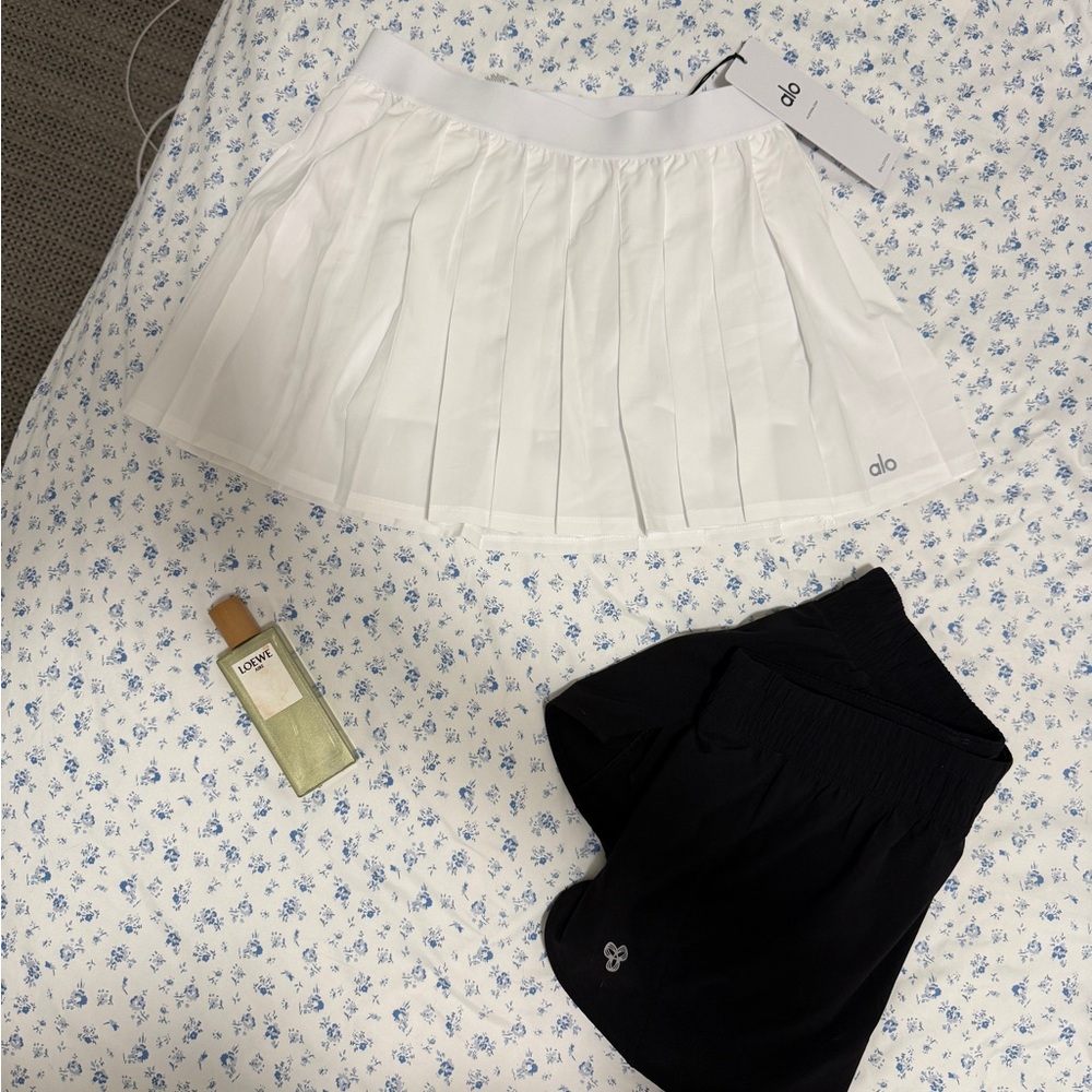 Alo White Pleated Skirt and Black Shorts Set